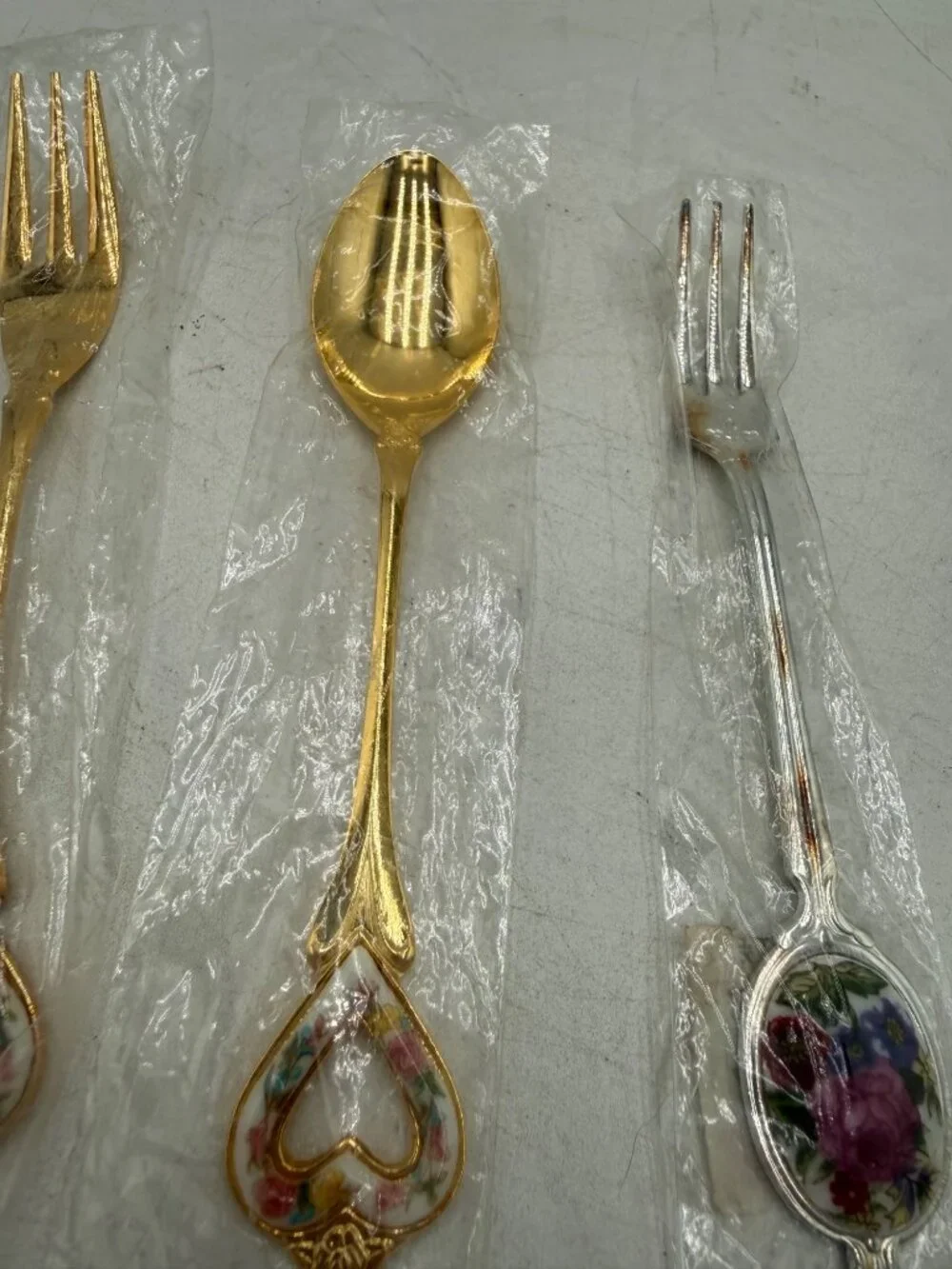 Vintage Gold Silver Mini Forks Spoons Floral Porcelain Handles Set 6